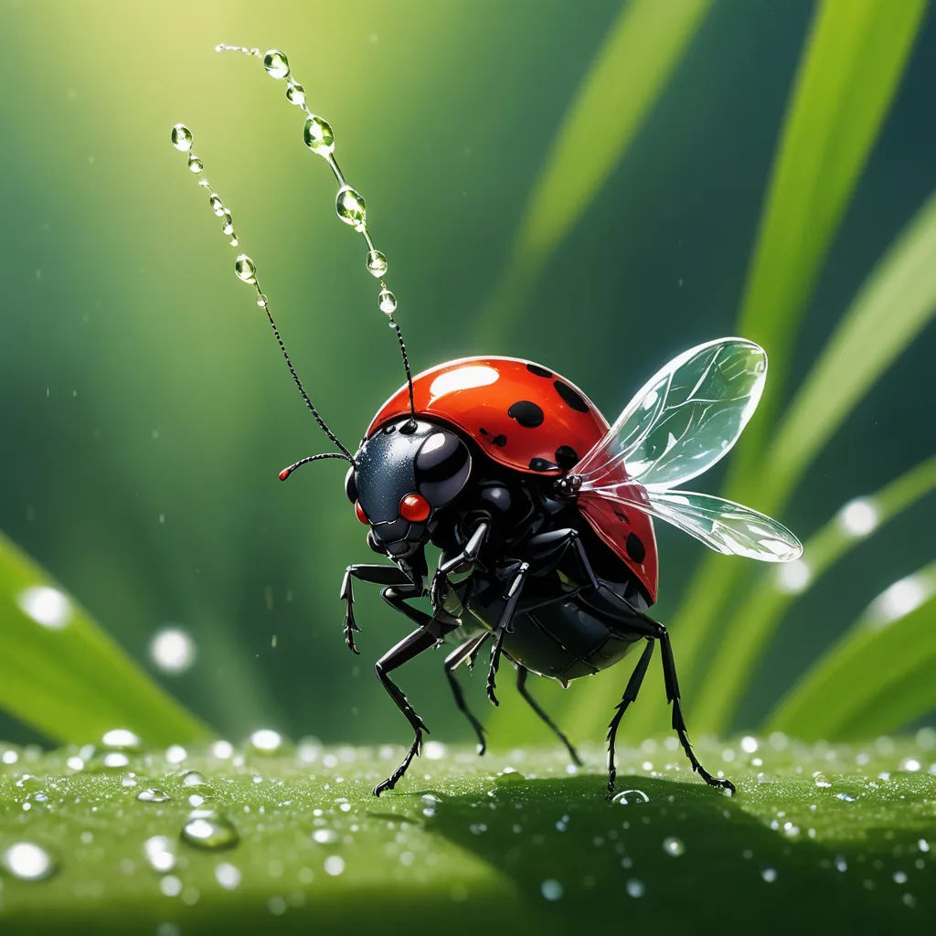 a lady bug sitting on top of a green leaf covered in water droplets and drops of dew on the ground, photorealism, a photorealistic painting, Chris LaBrooy, highly detailed digital painting