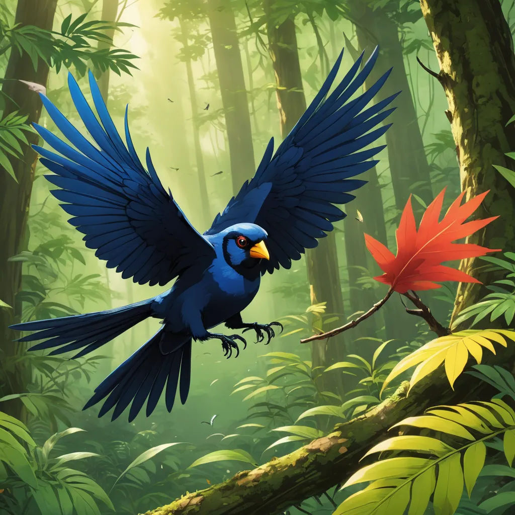 a blue bird flying over a lush green forest filled with trees and leaves, with a red flower in the foreground, fantasy art, a digital painting, Chris LaBrooy, magic the gathering artwork