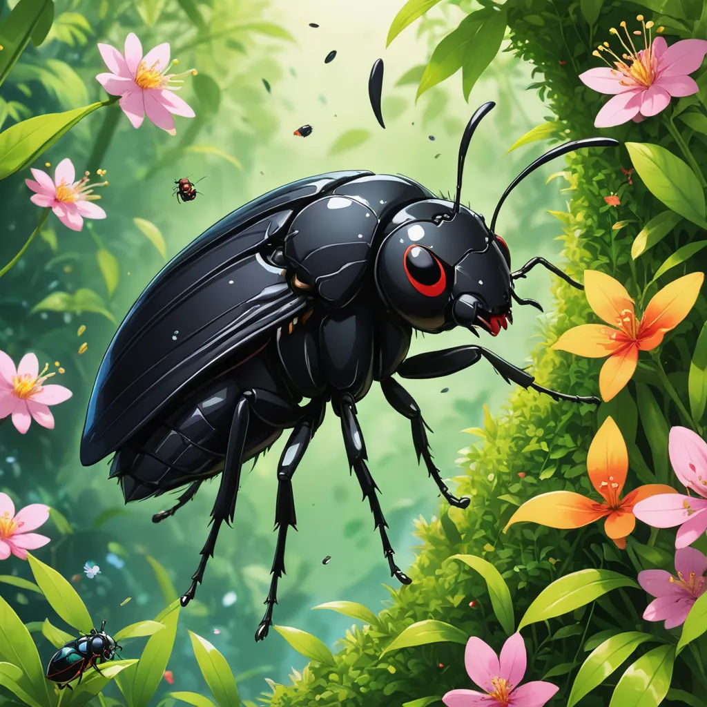 a bug is standing in the middle of a flower garden with a lady bug on it's back, fantasy art, a storybook illustration, Craola, official art