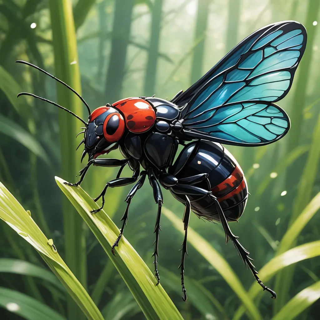a couple of bugs sitting on top of a green plant covered in leaves and grass with water droplets on them, altermodern, a detailed painting, Dan Mumford, highly detailed digital painting