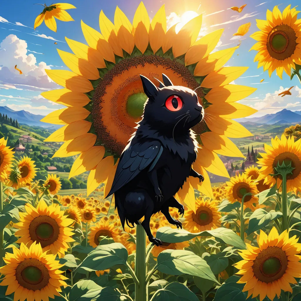 a black cat sitting on top of a sunflower field with a sky background and sunflowers in the foreground, fantasy art, poster art, Alejandro Burdisio, official art