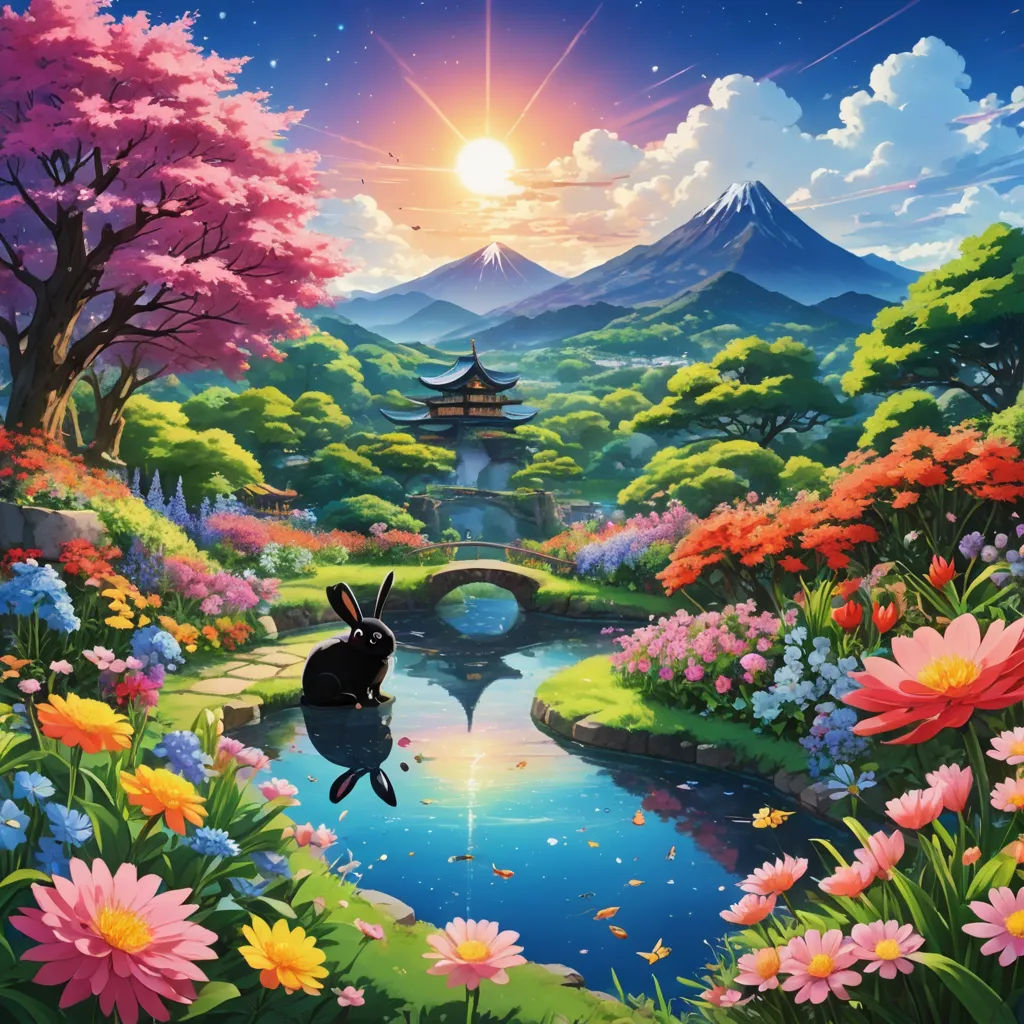 a painting of a cat sitting on a rock in a garden with flowers and a bridge in the background, magical realism, a matte painting, Chiho Aoshima, rossdraws global illumination