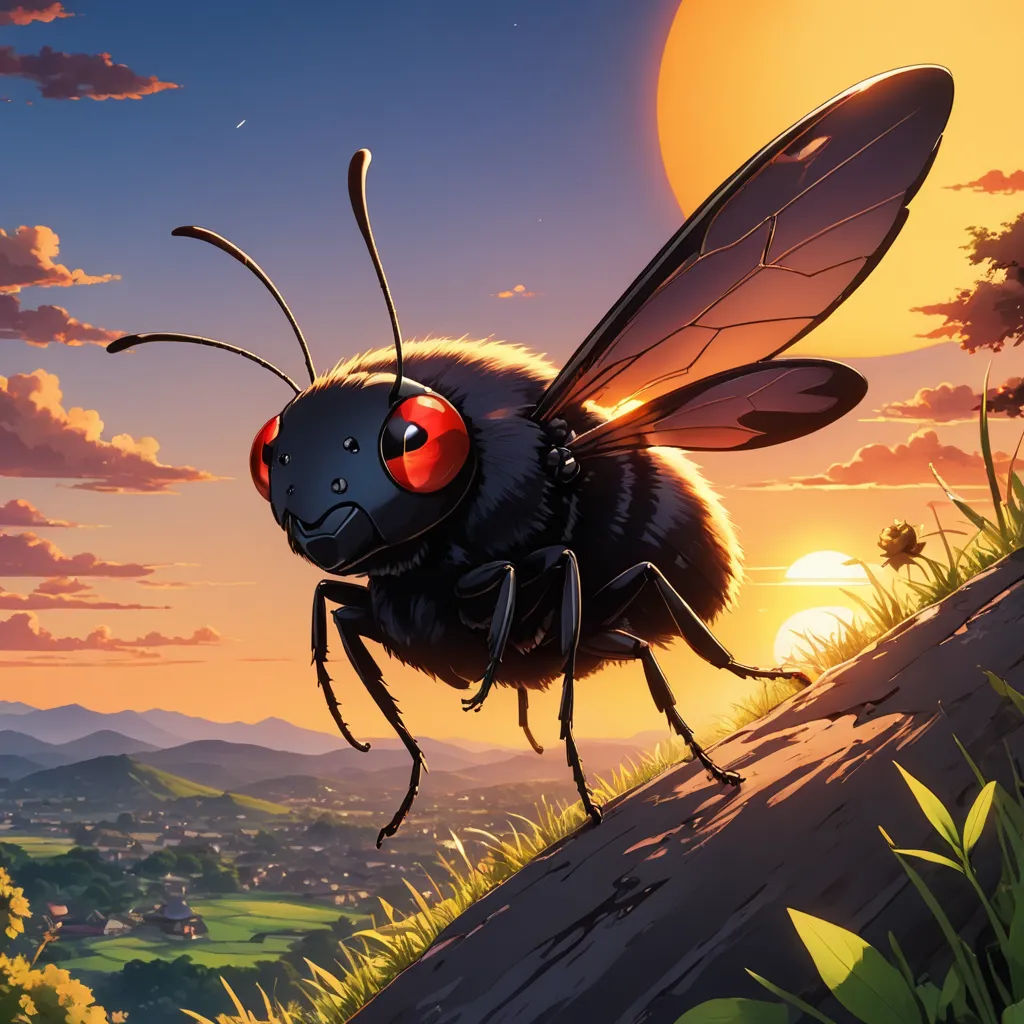 a bee is standing on a hill with a sunset in the background and a city in the background, with a red eye, sots art, a storybook illustration, Dan Mumford, fireflies