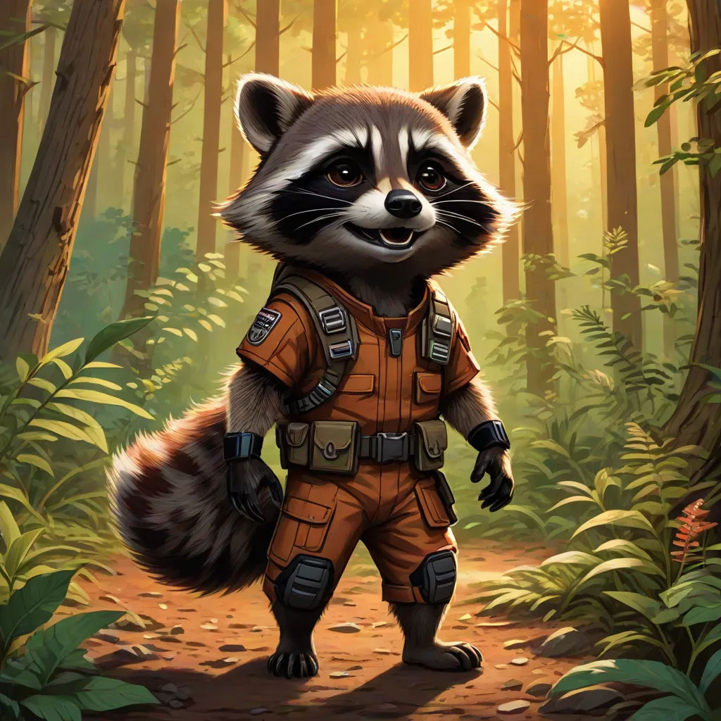 a raccoon in a space suit standing in a forest with trees and leaves on the ground and a sunbeam in the background, concept art, Dan Mumford, space art, official art