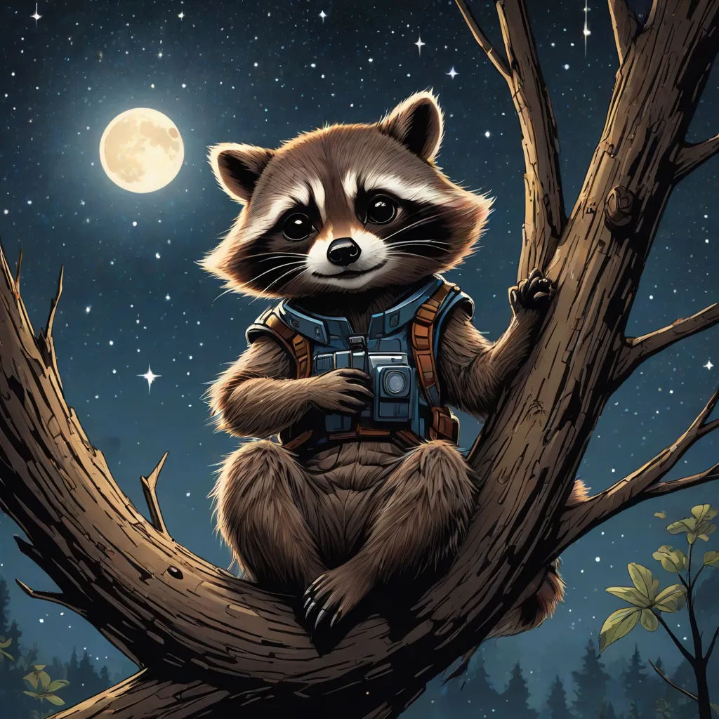 a raccoon sitting on a tree branch with a backpack on it's back and a full moon in the background, a digital painting, Dan Mumford, space art, josan gonzales and dan mumford