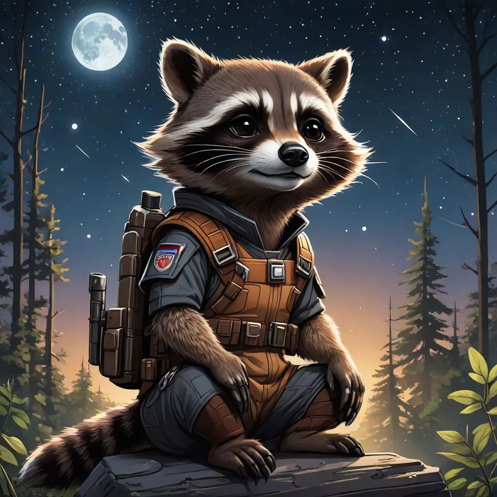 a raccoon in a space suit sitting on a rock in the woods at night with a full moon in the background, a character portrait, Dan Mumford, space art, official art