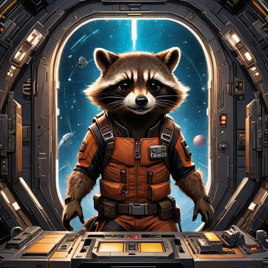 a rocket raccoon is standing in a space station doorway with a computer screen and a keyboard on the table, poster art, Dan Mumford, space art, official art