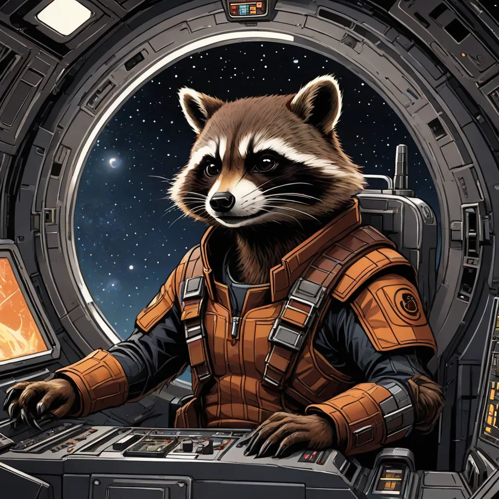 a raccoon in a space station with a keyboard and monitor on it's side, with a space shuttle in the background, a comic book panel, Dan Mumford, space art, official art
