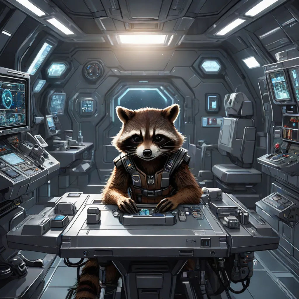 a raccoon sitting at a desk in a spaceship like setting with many monitors and a keyboard in front of him, computer graphics, Chris LaBrooy, space art, official art