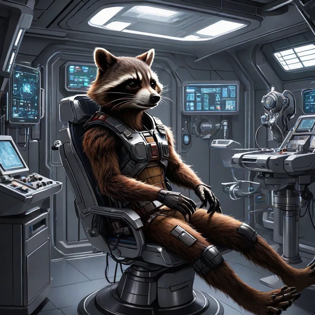 a raccoon sitting in a chair in a space station with a laptop computer on the desk and a monitor on the desk, concept art, Chris LaBrooy, space art, cgstudio