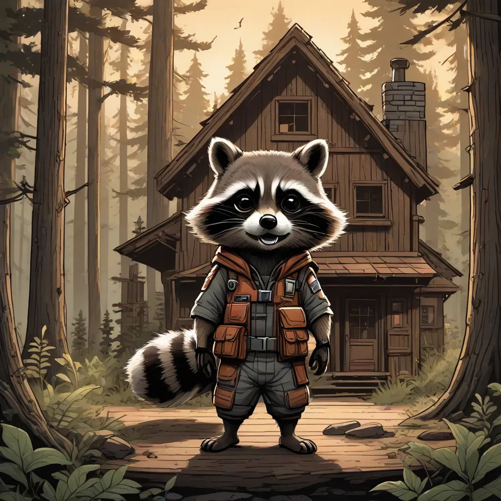 a raccoon in a leather jacket standing in front of a cabin in the woods with a backpack, a character portrait, Dan Mumford, furry art, official art