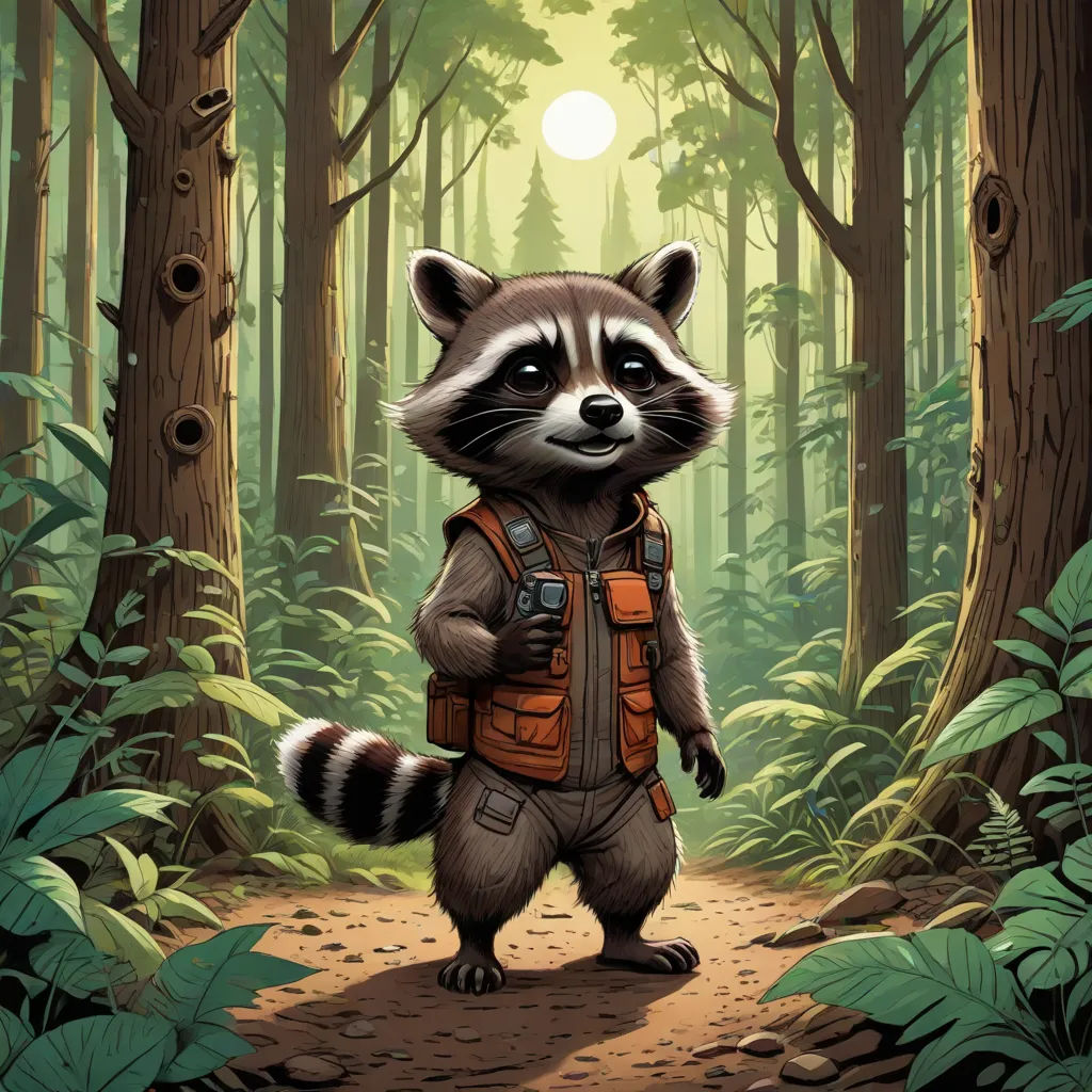 a raccoon in a forest with a backpack on it's back and a full moon in the background, a character portrait, Dan Mumford, furry art, official art