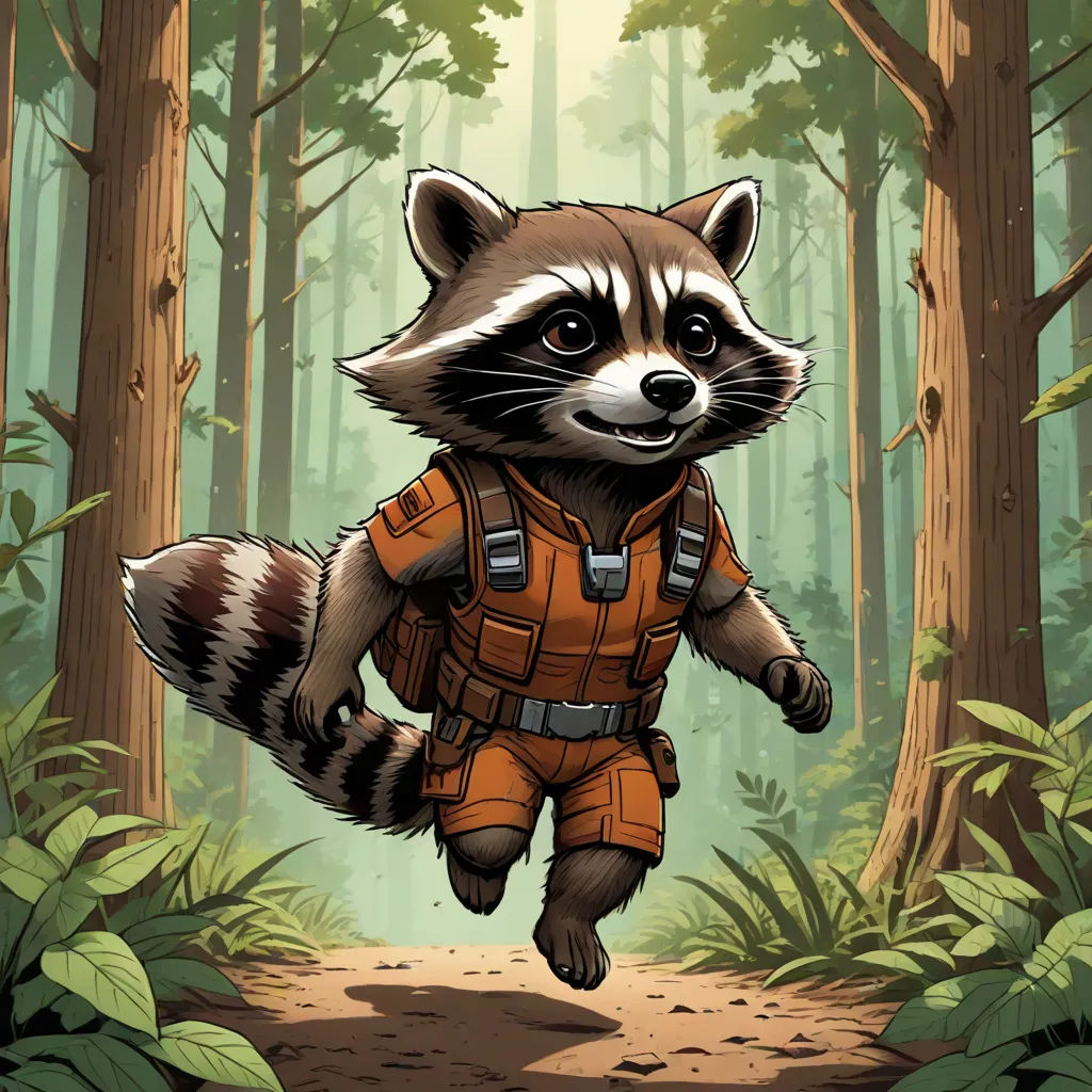 a raccoon in a space suit running through a forest with trees and leaves on the ground and a trail, a comic book panel, Dan Mumford, space art, official art