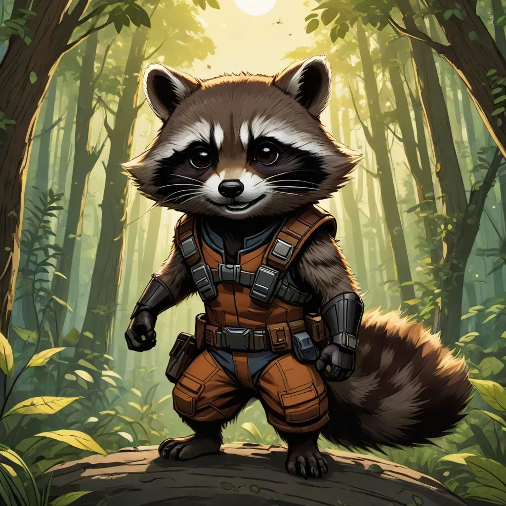 a raccoon in a forest with a helmet on and a gun in his hand, standing on a log, a comic book panel, Dan Mumford, furry art, official art