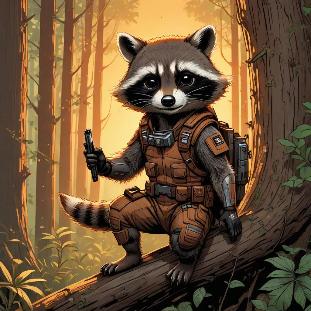 a raccoon in a forest holding a gun and wearing a vest and holding a gun in its hand, a comic book panel, Dan Mumford, furry art, official art