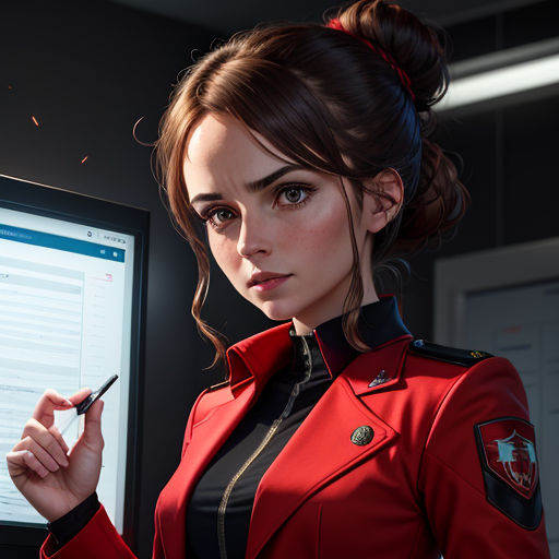 a woman in a red uniform writing on a computer screen with a pen in her hand and a computer screen in the background