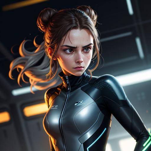 a woman in a futuristic suit with a green light on her arm and a sci - fil on her shoulder