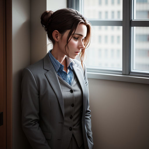 a woman in a suit standing by a window looking out the window at the city outside of the window
