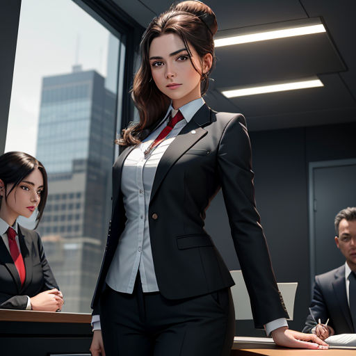 a woman in a suit standing in front of a desk with two men in suits behind her and a woman in a red tie