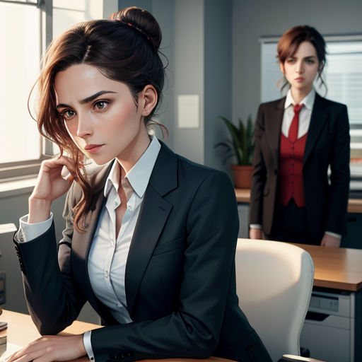 a woman in a suit sitting at a desk with a computer and another woman standing behind her in a suit