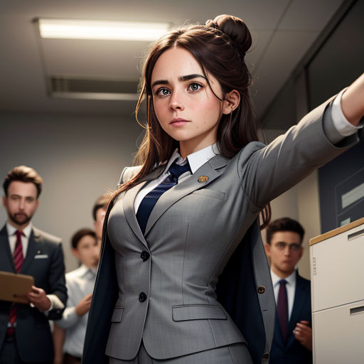 a woman in a suit and tie holding a folder in a room with other people in suits and ties