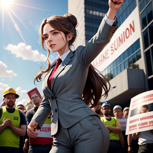 a woman in a suit and tie holding a sign in front of a crowd of people in construction hats