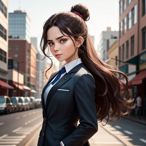 a woman in a suit and tie standing on a street corner with her hands on her hips and her hair in a ponytail