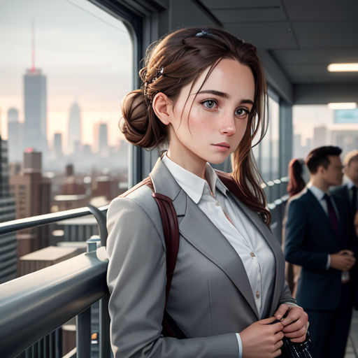 a woman in a suit standing on a balcony with a group of people in the background looking at the camera