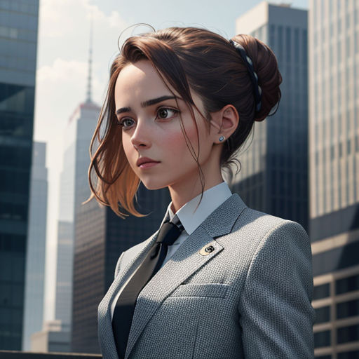 a woman in a suit and tie standing in front of a cityscape with skyscrapers in the background