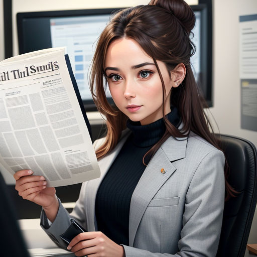 a woman in a suit reading a newspaper in an office setting with a computer monitor and a computer desk