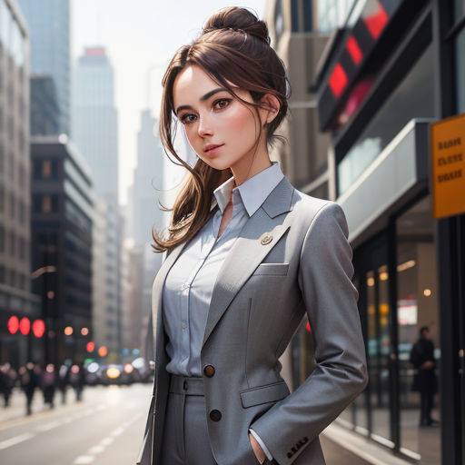 a woman in a suit standing on a city street with her hands on her hips and her hands on her hips