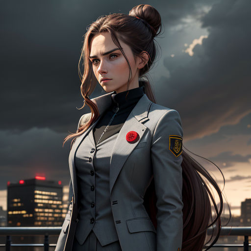 a woman in a suit and a red rose in her hair standing on a balcony with a city skyline in the background