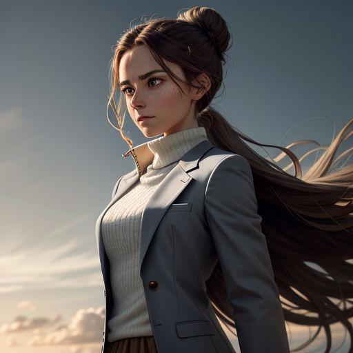 a woman with long hair standing in front of a cloudy sky with a cigarette in her mouth and a cigarette in her mouth