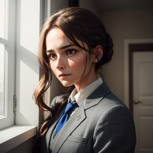 a woman in a suit and tie looking out a window at the ocean and a building in the background