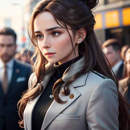 a woman in a suit and tie standing in front of a crowd of people in suits and ties,
