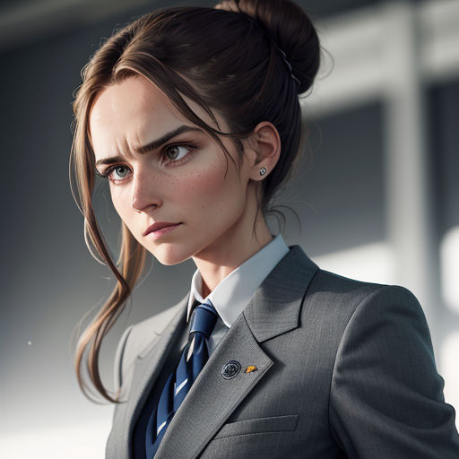 a woman in a suit and tie with a ponytail in her hair and a ponytail in her hair, looking to the side