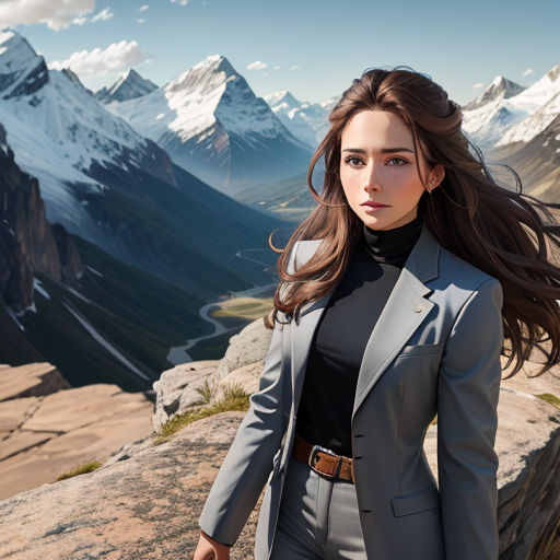 a woman in a suit standing on a mountain top with mountains in the background and a valley in the foreground