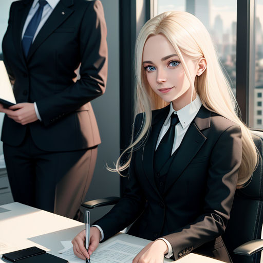 a woman in a suit sitting at a desk with a pen and paper in her hand and another woman in a suit standing behind her