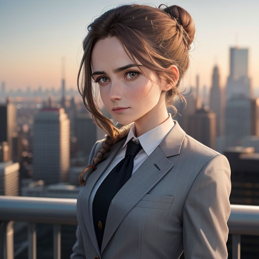 a woman in a suit and tie standing in front of a city skyline with skyscrapers in the background