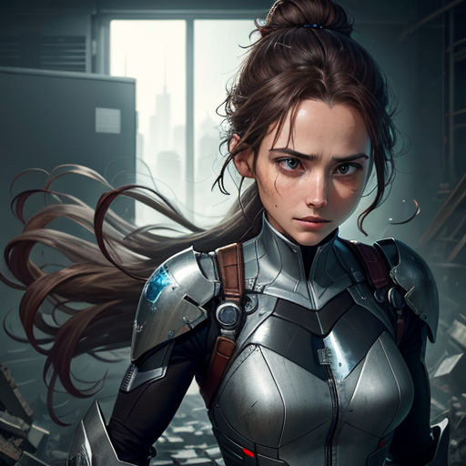 a woman in a futuristic suit with long hair and a gun in her hand, standing in a dark room