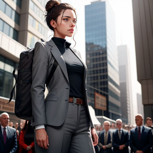 a woman in a suit and a backpack is standing in front of a group of people in suits and ties