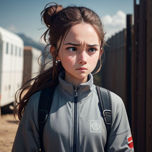 a girl with a backpack standing in front of a fence and a train car behind her, with a sad look on her face