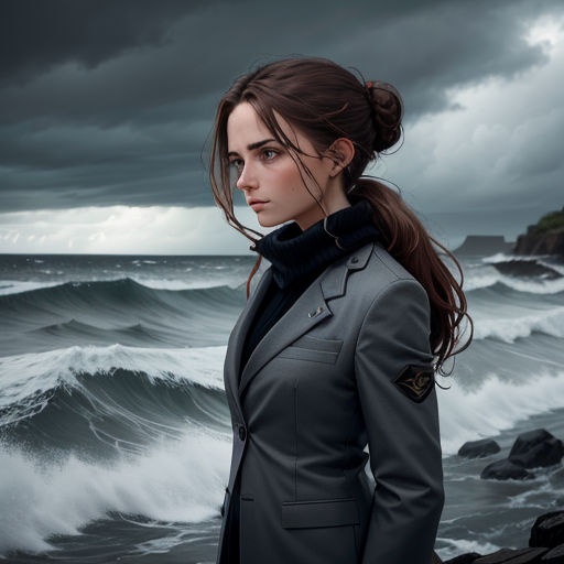 a woman in a suit standing on a rocky beach with a stormy sky in the background and crashing waves