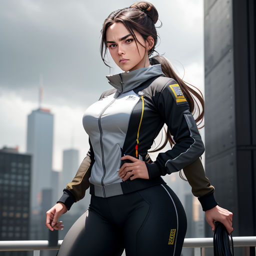 a woman in a sports suit posing for a picture in a city setting with skyscrapers in the background