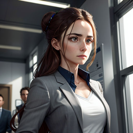 a woman in a suit and tie standing in front of a window with a man in a suit behind her