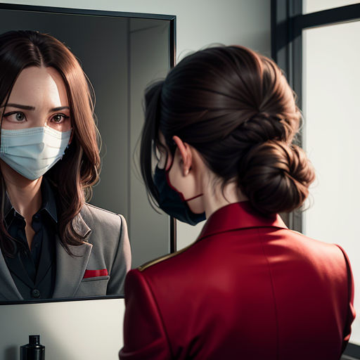 a woman in a red jacket and a face mask looking at a mirror with a woman in a red jacket