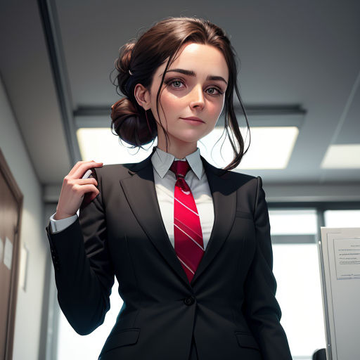 a woman in a suit and tie standing in a room with a window behind her and a door behind her
