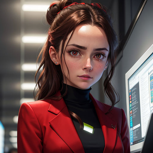 a woman in a red suit is looking at a computer screen with a green light on it and a red collared shirt