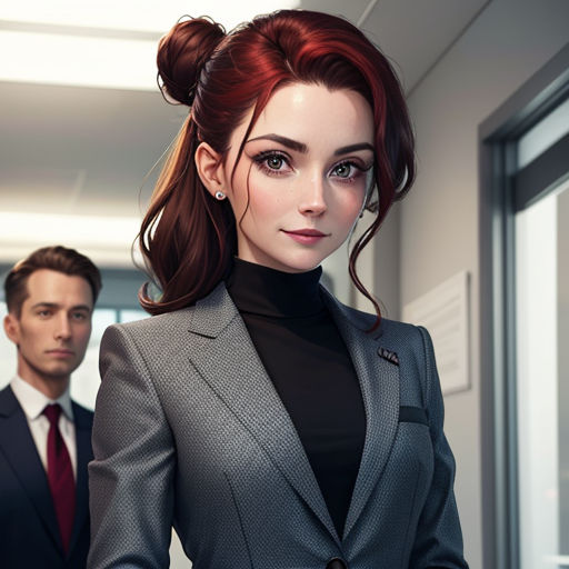 a woman in a suit and a man in a suit stand in an office corridor, both looking at the camera