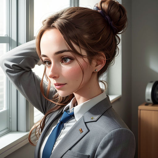 a woman in a suit and tie looking out a window with her hand on her head and a clock in the background